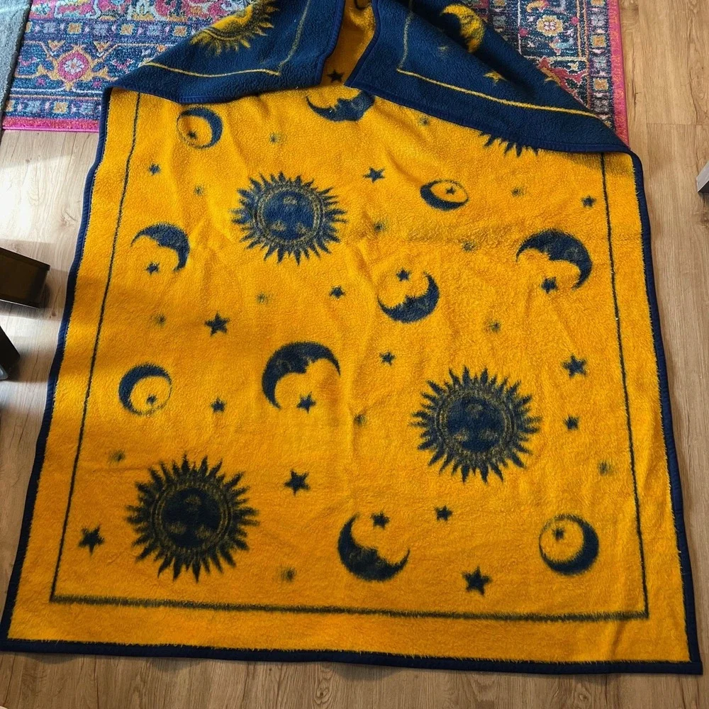 VTG Biederlack Celestial Throw Blanket Sun Moon Stars Blue Yellow USA 54x74
